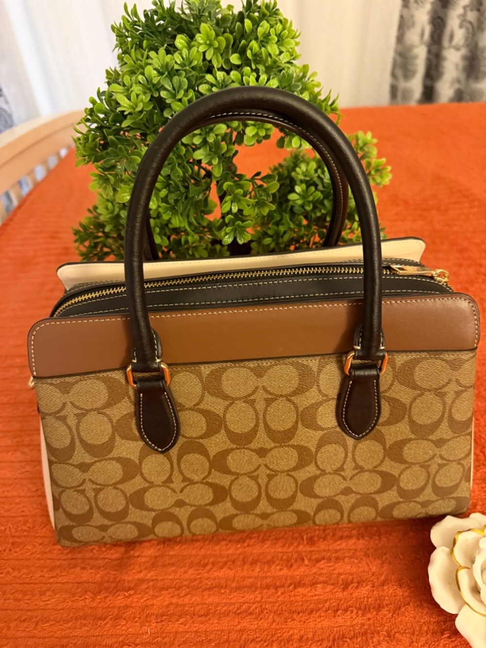 Coach Brown Signature Canvas Satchel with Black Trim - Picture 9 of 16